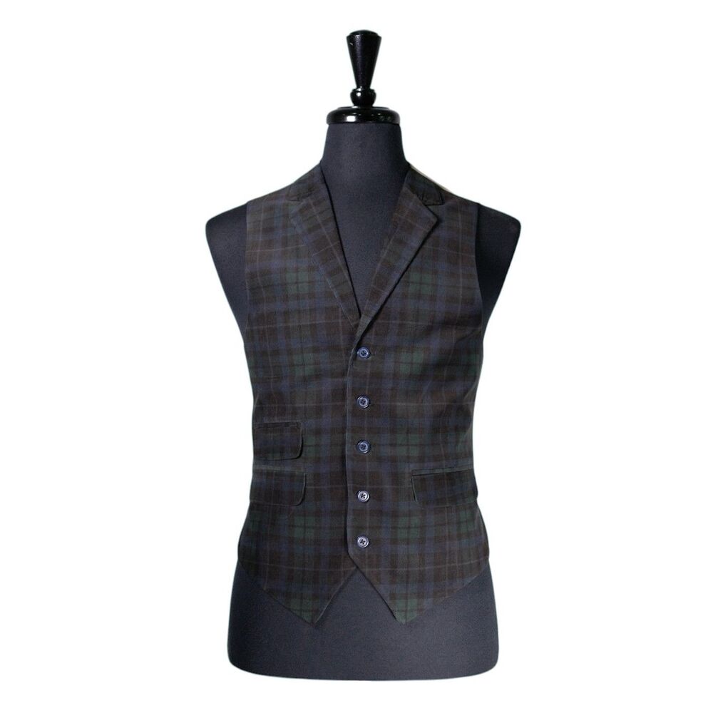 Mens Tartan Vest 40R Blue Green Corduroy Waistcoat Plaid Preppy Wedding Prom